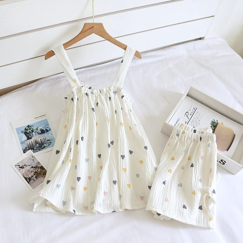 KAELAH Cotton Crepe Suspender Shorts Vest Suit Sweet And Loose Home Sexy