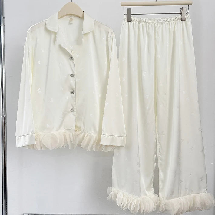 KAELAH Set French Style Ruffled Ice Silk Trouser Pijamas Suit Loungewear