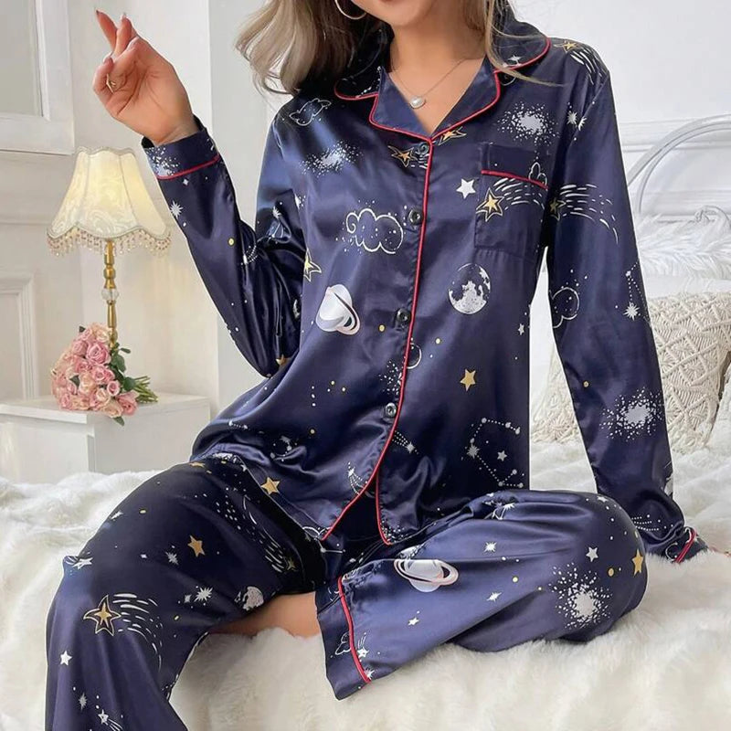 KAELAH Satin Floral Pajama Casual Sleepwear Home Clothes Suit Long Sleeve Button Up