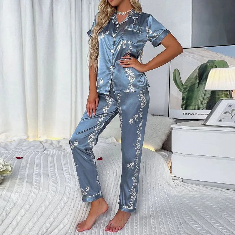 KAELAH Set Flowers Sleeve Sleepwear Women Button Down Nightwear Pj Sets Print