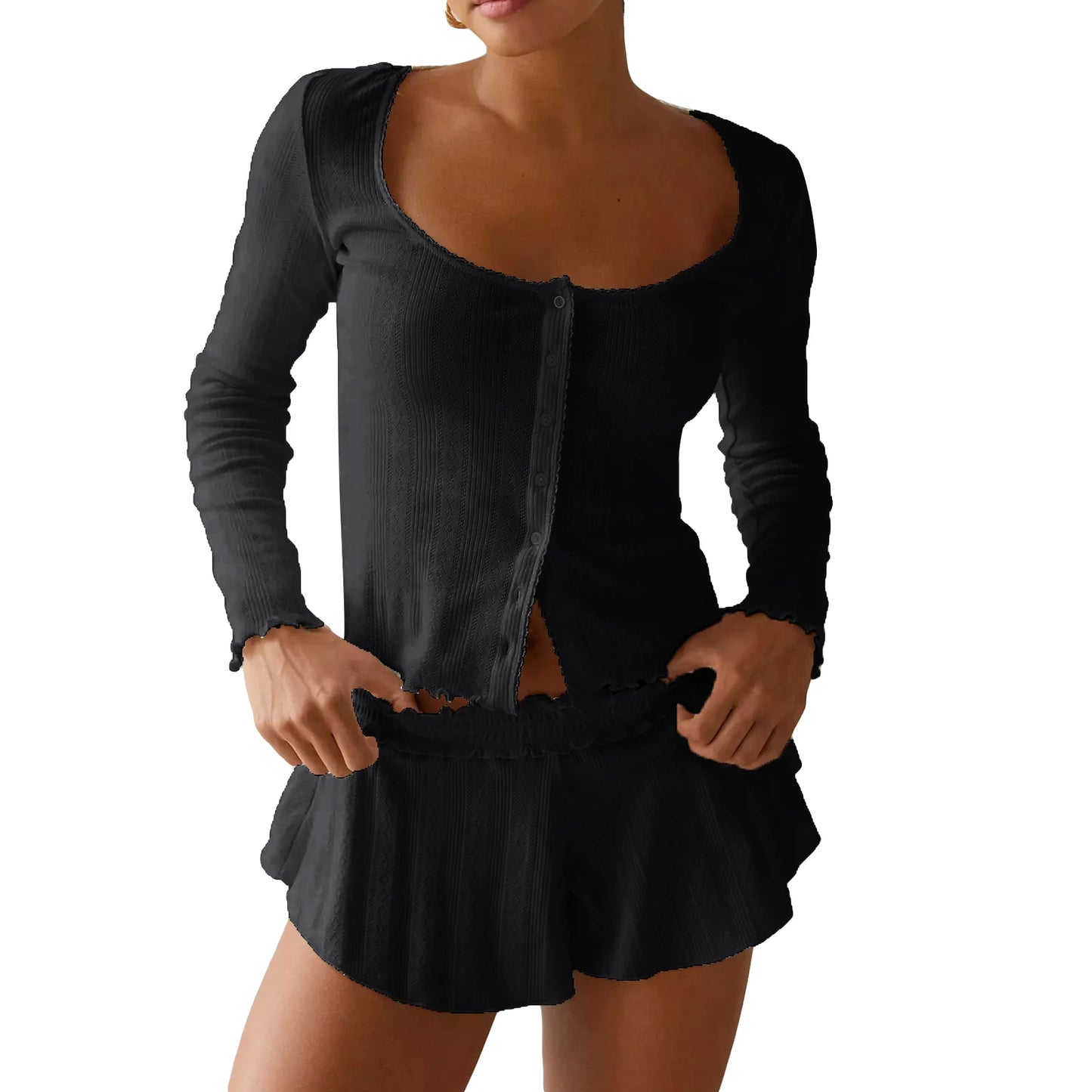 KAELAH Fairy Grunge Two Piece Pajama Sets Solid Lace Trim Round Neck Long