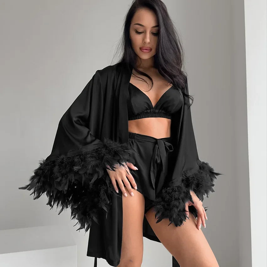 KAELAH Shorts Nightgown Three-piece Set, Imitation Silk, Loungewear, Feather Pajamas