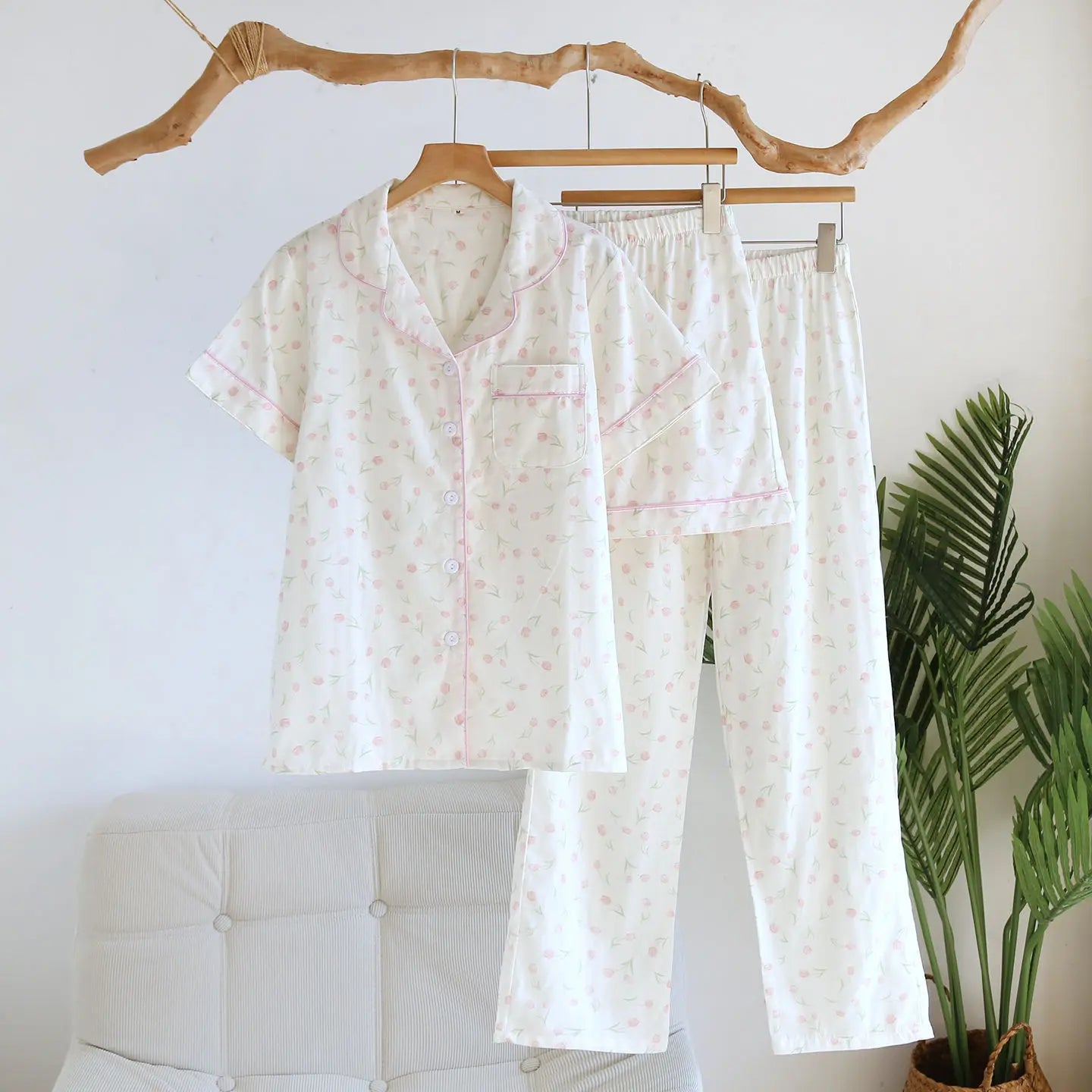KAELAH Love Checkered Cotton Gauze Thin Short Sleeve+Shorts+Pants Simple