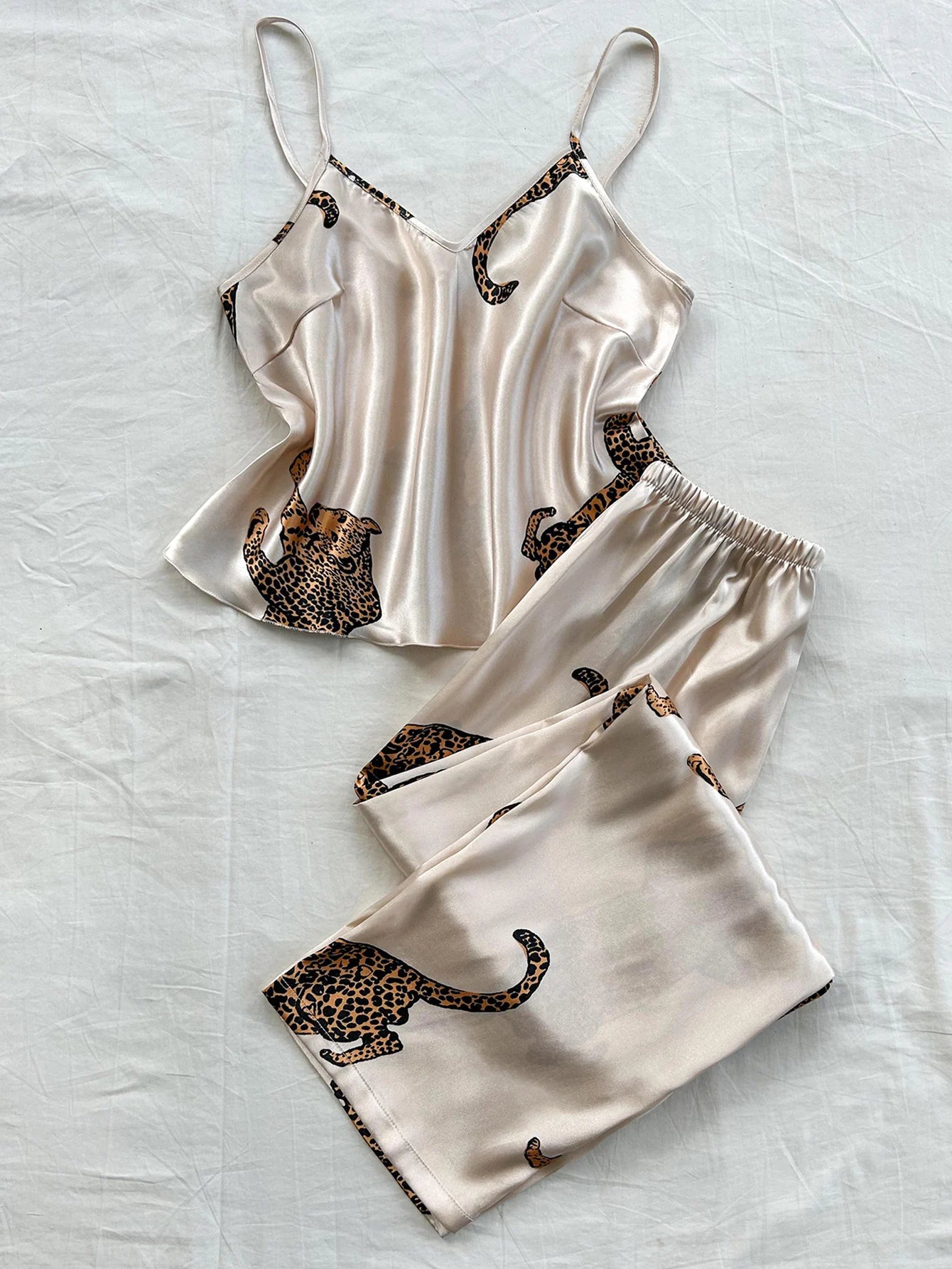 KAELAH Elegant V Neck Leopard Print Suspender Long Pants Pajama Set