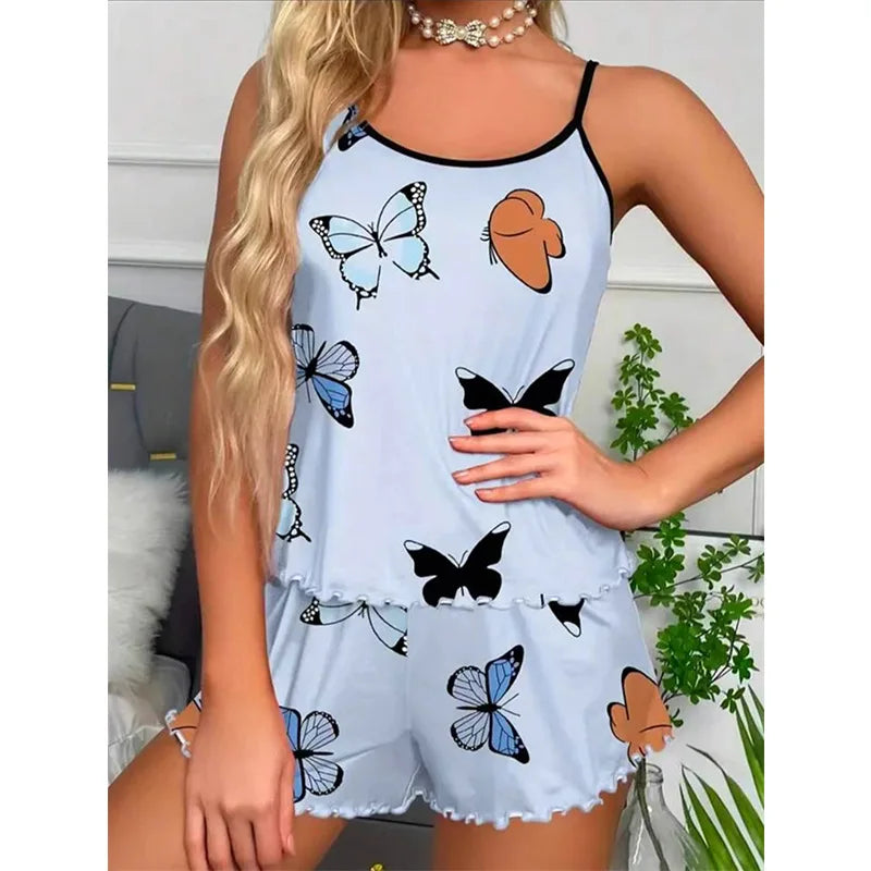 KAELAH New Butterfly Print Pajama Pj Set Casual Cami Top and Ruffle Short Set Fashion Sleepwear