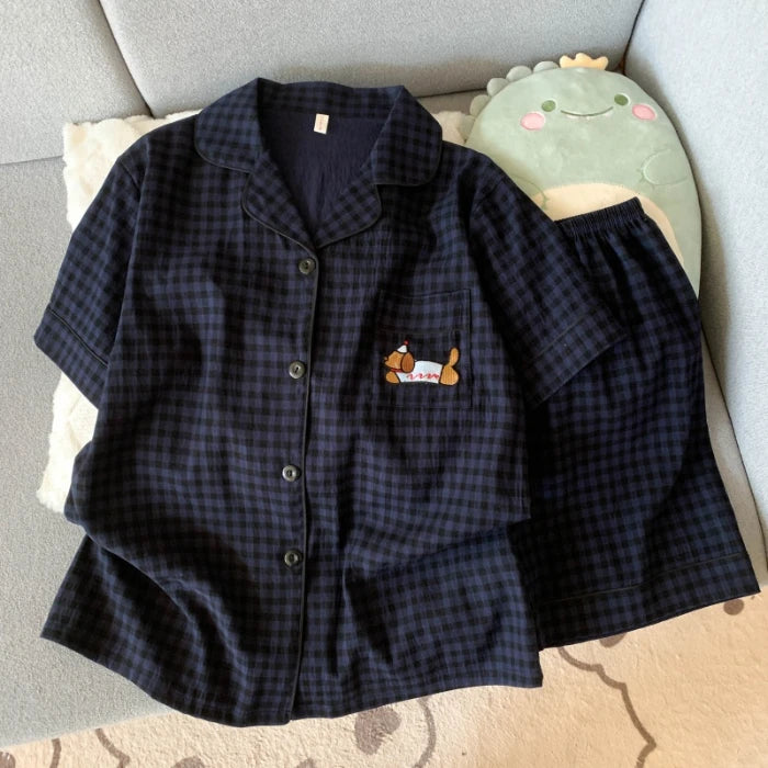 KAELAH Embroidery Dog Sweet Fashion Cute Pajamas Set for Women Plaid Lapel