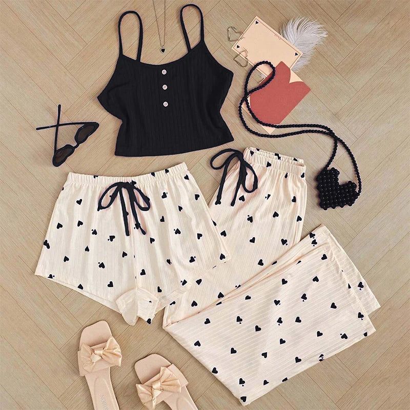 KAELAH Three Piece Women's Heart-Shaped Printed Vest Shorts and Pants