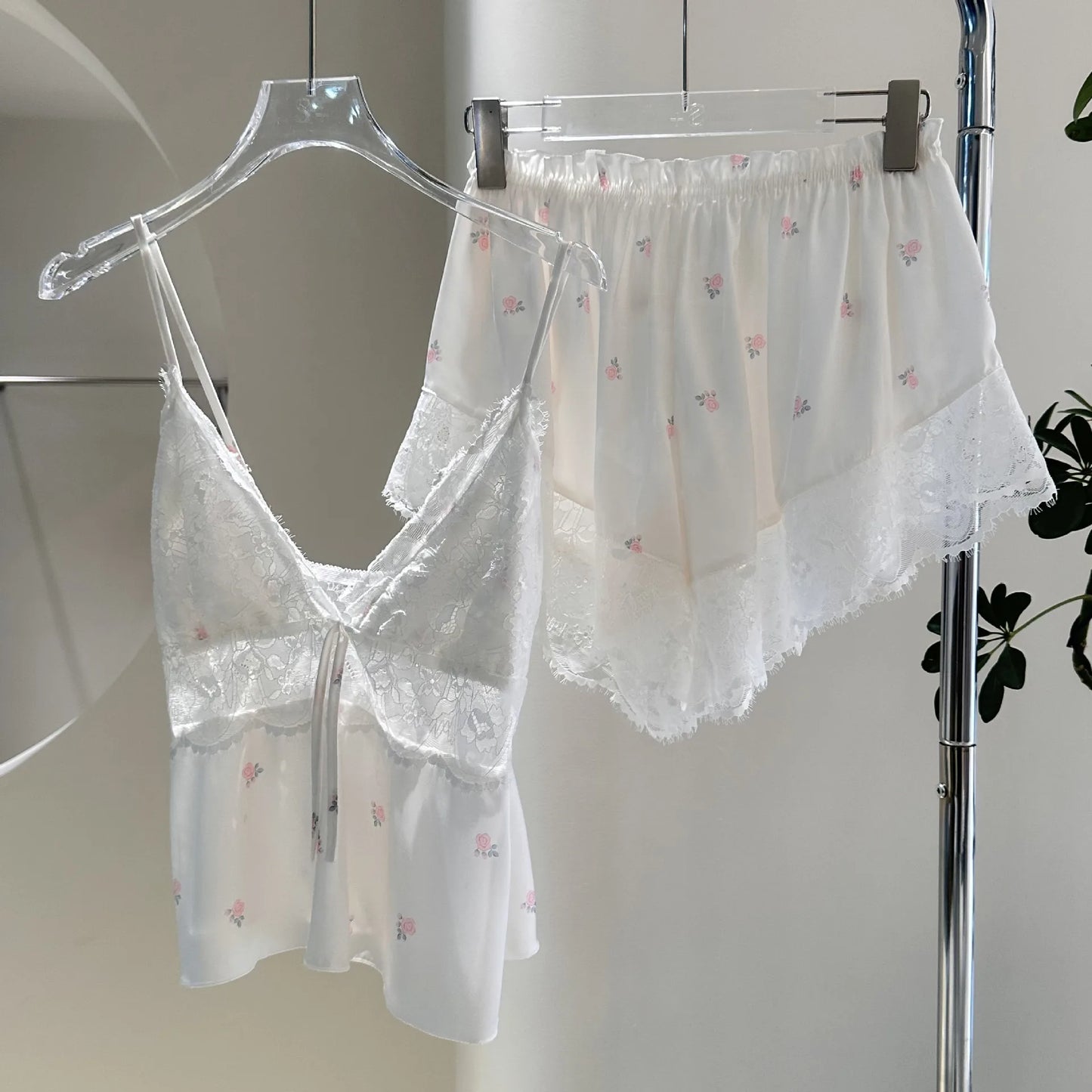 KAELAH Lingerie Two Piece Lace Sleepwear Set Sexy Sleeveless Pijamas Suit Satin