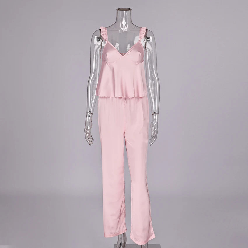 KAELAH Elegant Satin Pink Trousers Pjs Spring Home Spaghetti Strap Vest