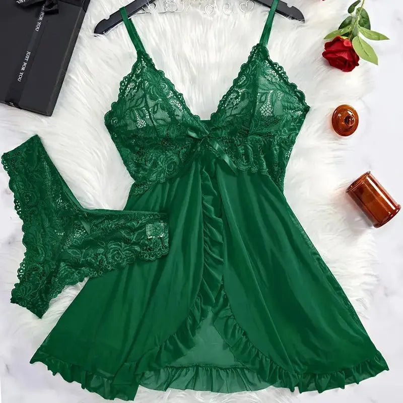 KAELAH Cute Suspender Summer Ultra-thin Nightgown Lace Thong Sets Women's Sexy Pyjamas Lingerie