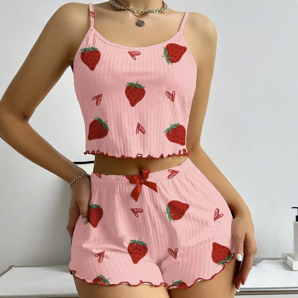 KAELAH Strawberry Print Ribbed Knit Ice Silk Camisole Pajama Set Comfortable