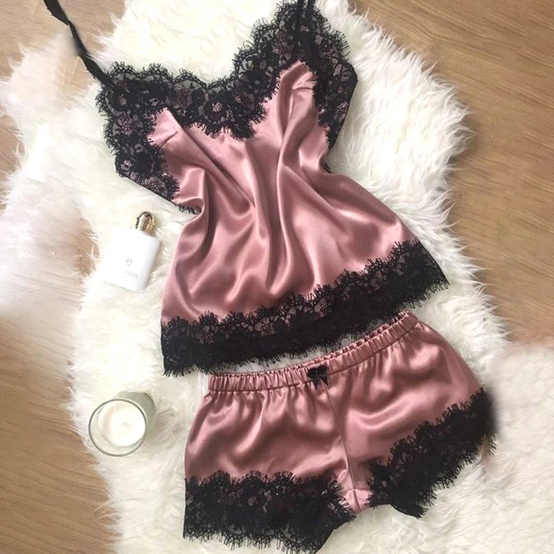 KAELAH Lace Satin Pajama Set for Women Sleepwear V-Neck Stretch Sexy Lingerie Strap Vest