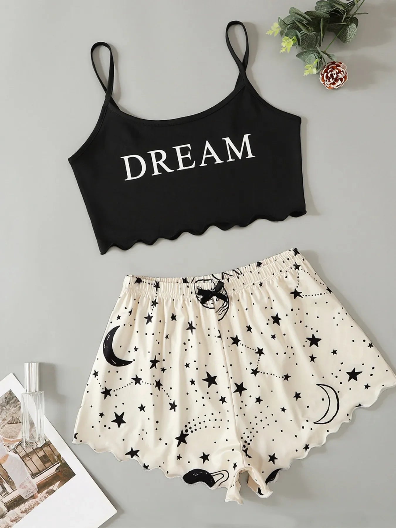 KAELAH Sleepwear Set Star Moon Printed Sleeveless Sling Crop Tops and Shorts