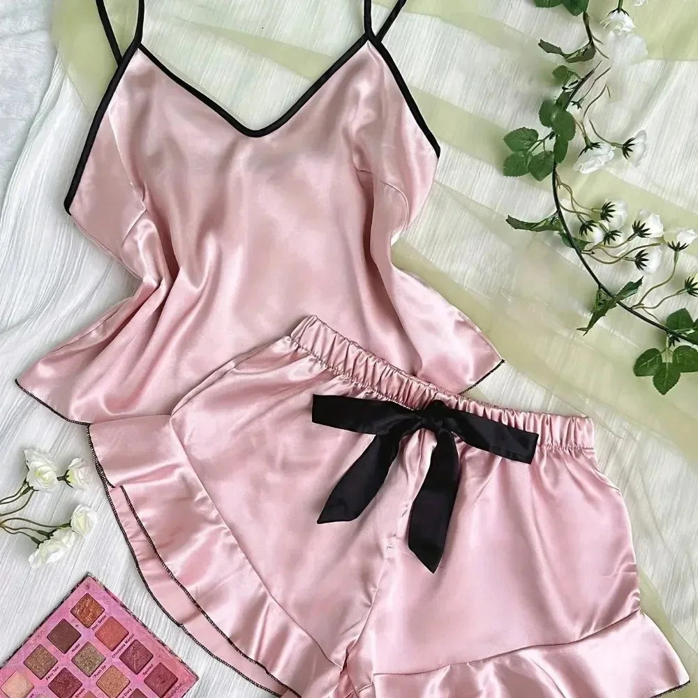 KAELAH Smooth Satin Pajamas V-Neck Top Ruffled Edges and Bow Shorts Simple and Breathable Set