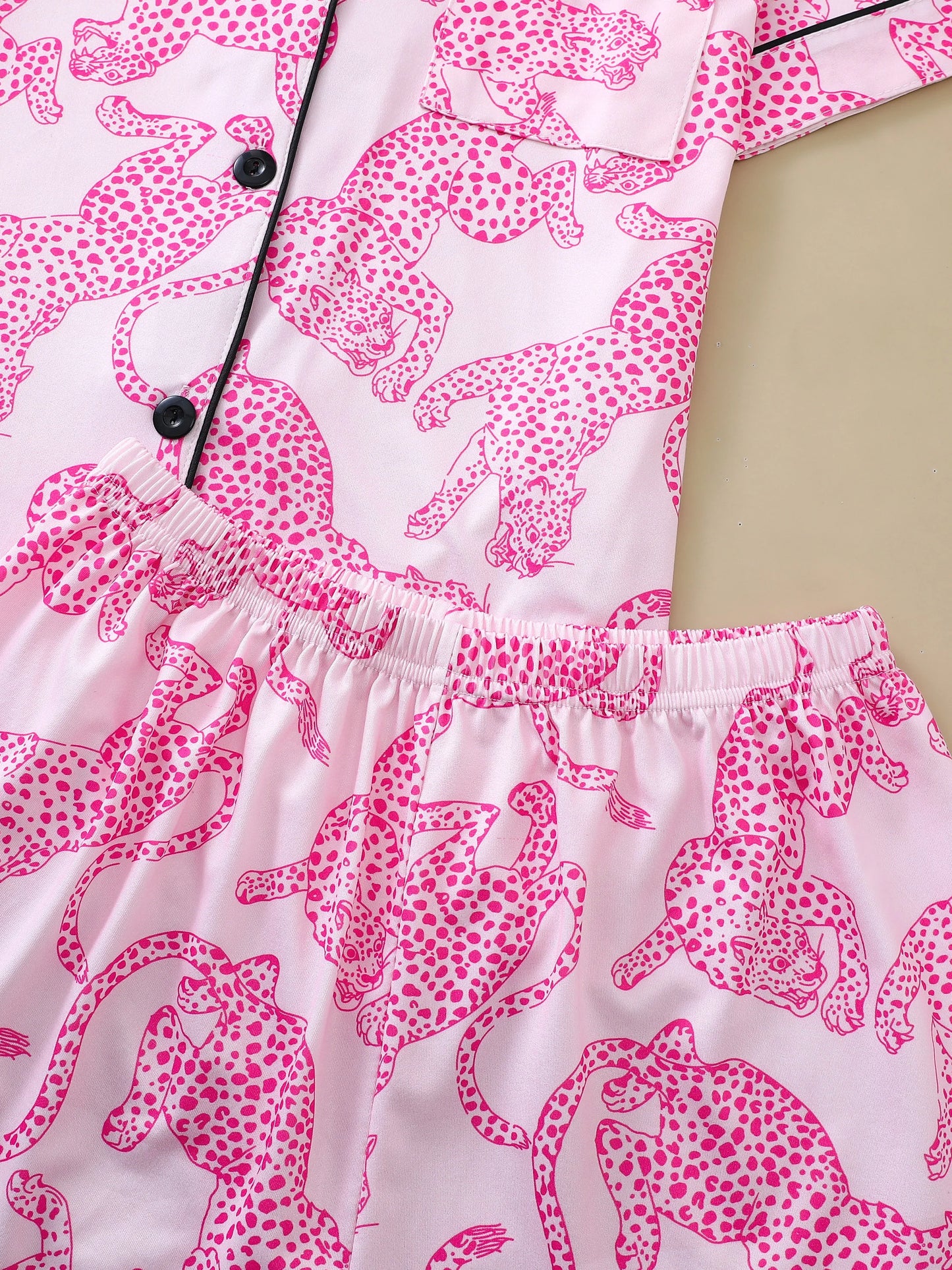 KAELAH Casual pink leopard print pajama set for women lapel short-sleeved