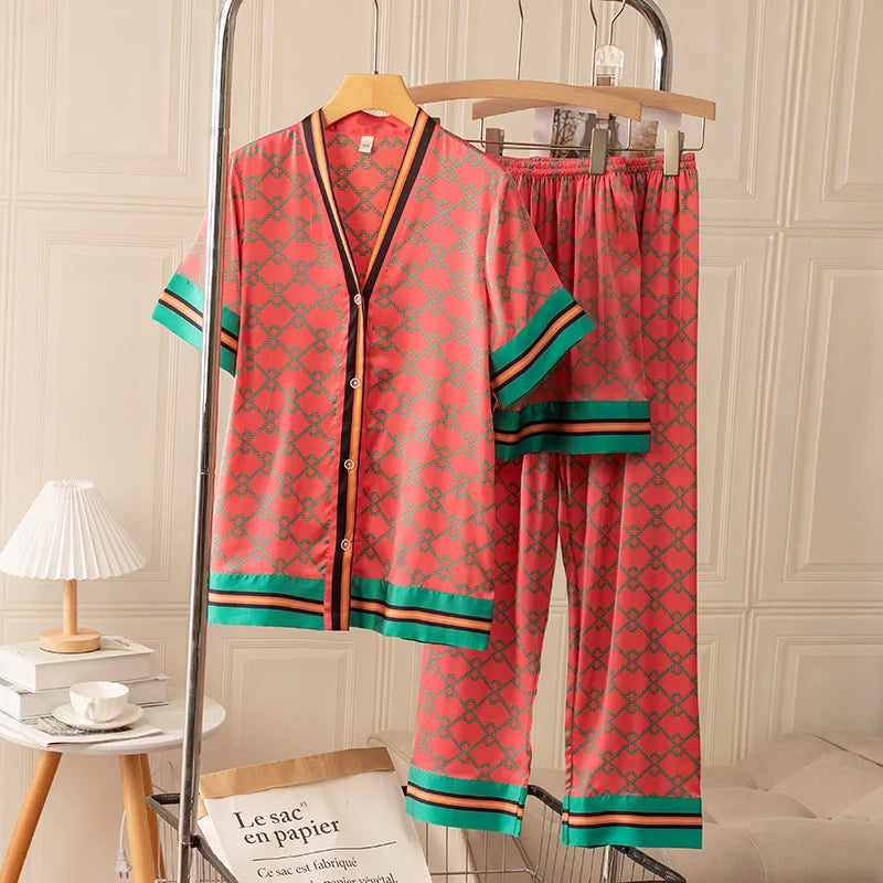 KAELAH Long Sleeved Women Pajamas Set Ice Silk Printed Fashion