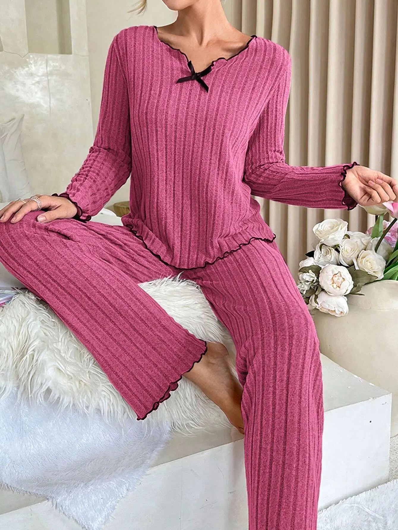 KAELAH Sleepwear Ribbed Pajamas Set Long Sleeve Top and Long Pants