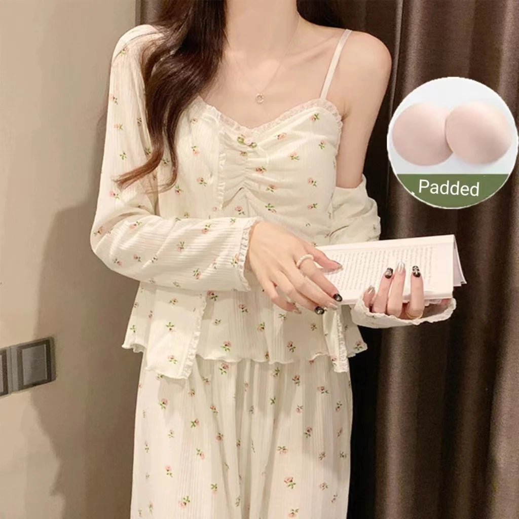 KAELAH Cherry Three-Piece Pajamas Female Long-Sleeved Sling Ladies