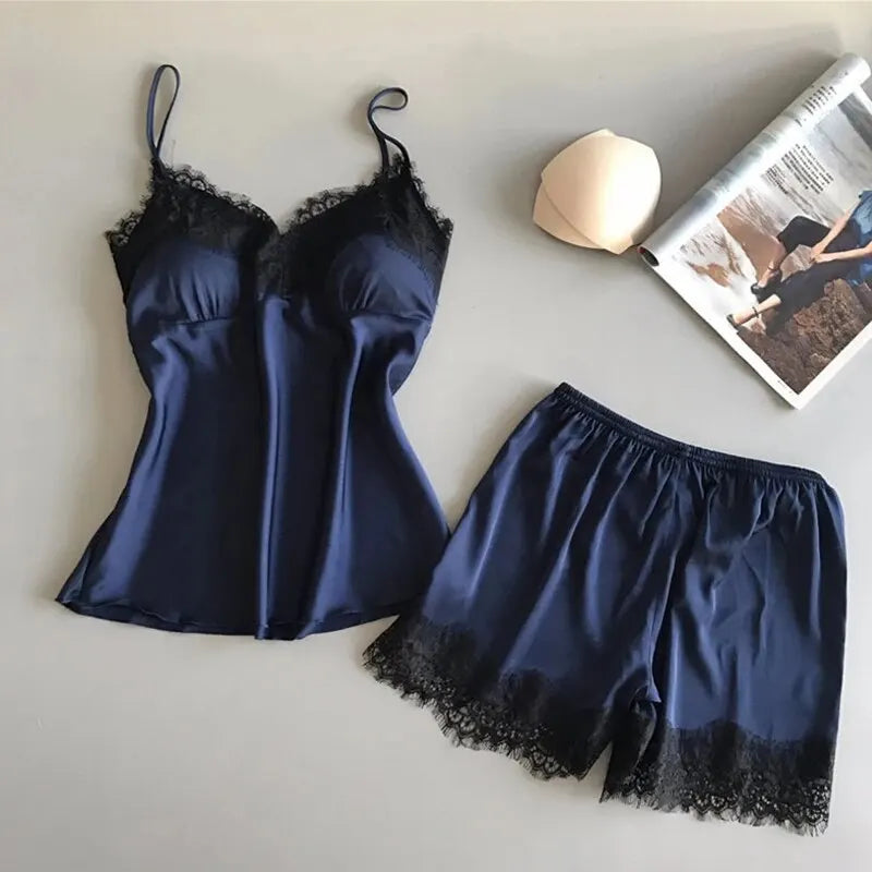 KAELAH Pajama Suit Fashion V-Neck Stretch Satin Babydoll Lace Sexy Lingerie Bowknot