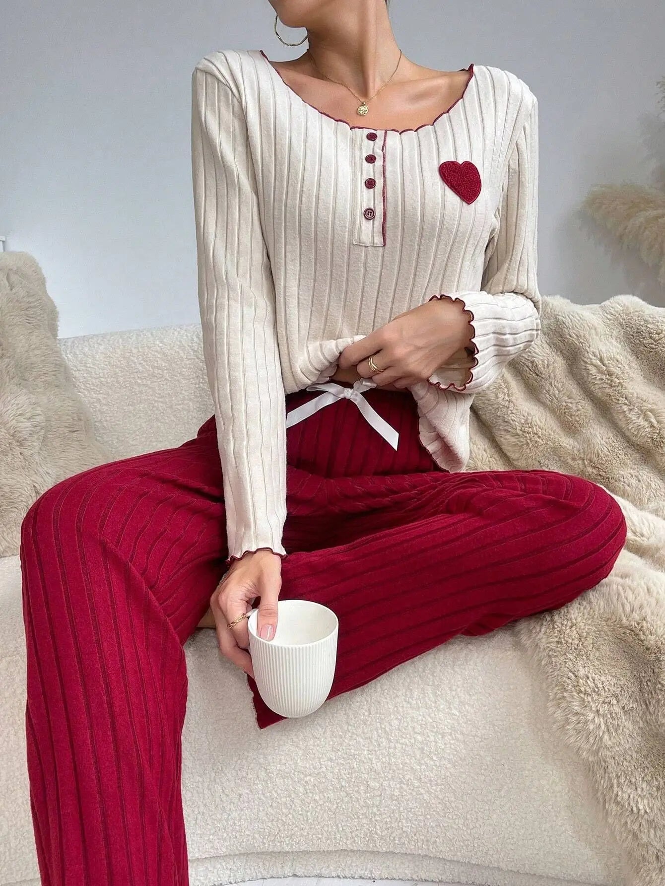 KAELAH Top Heart Print Sleepwear Casual Long Sleeve Set Homewear