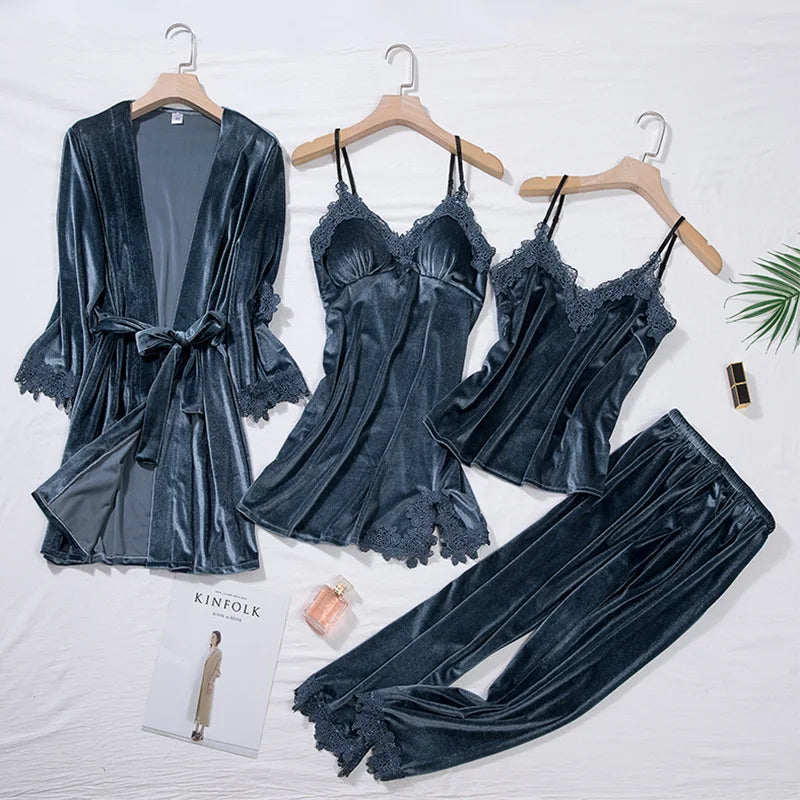 KAELAH Casual Velour Home Clothing 4pcs Sleep Set Intimate Lingerie Women Pajamas