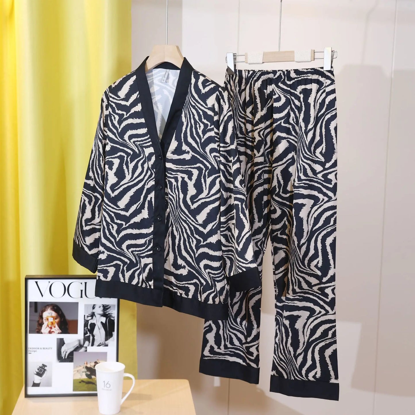 KAELAH Print Design Ice Silk Pajamas Women's Spring Summer Long Sleeves