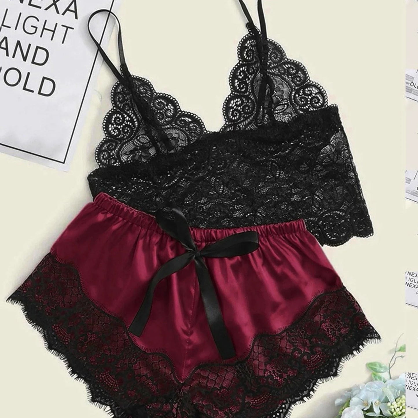 KAELAH Pajama Sets Sexy for Women 2 Pieces Top Shorts Set Sleepwear Lace
