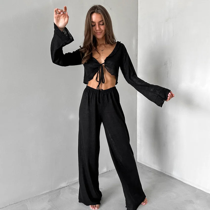 KAELAH Laidy Sexy V-Neck Knitted Thin Trousers Pajamas Women Casual Lace-Up