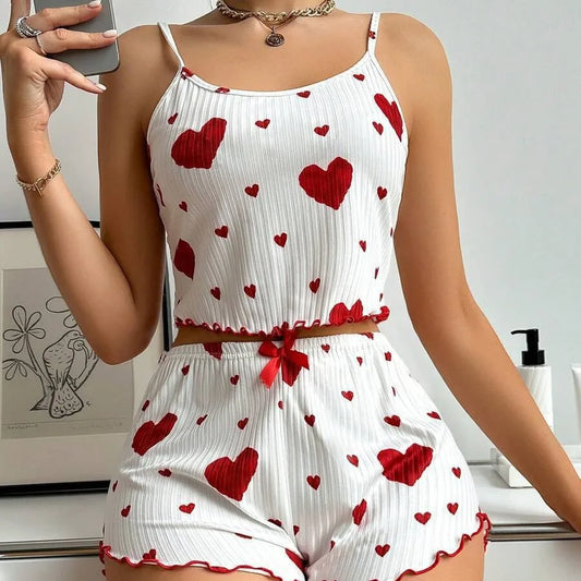 KAELAH 2PCS Heart Print Pajama Set, Sleeveless Crop Top and Shorts Comfy Sleepwear