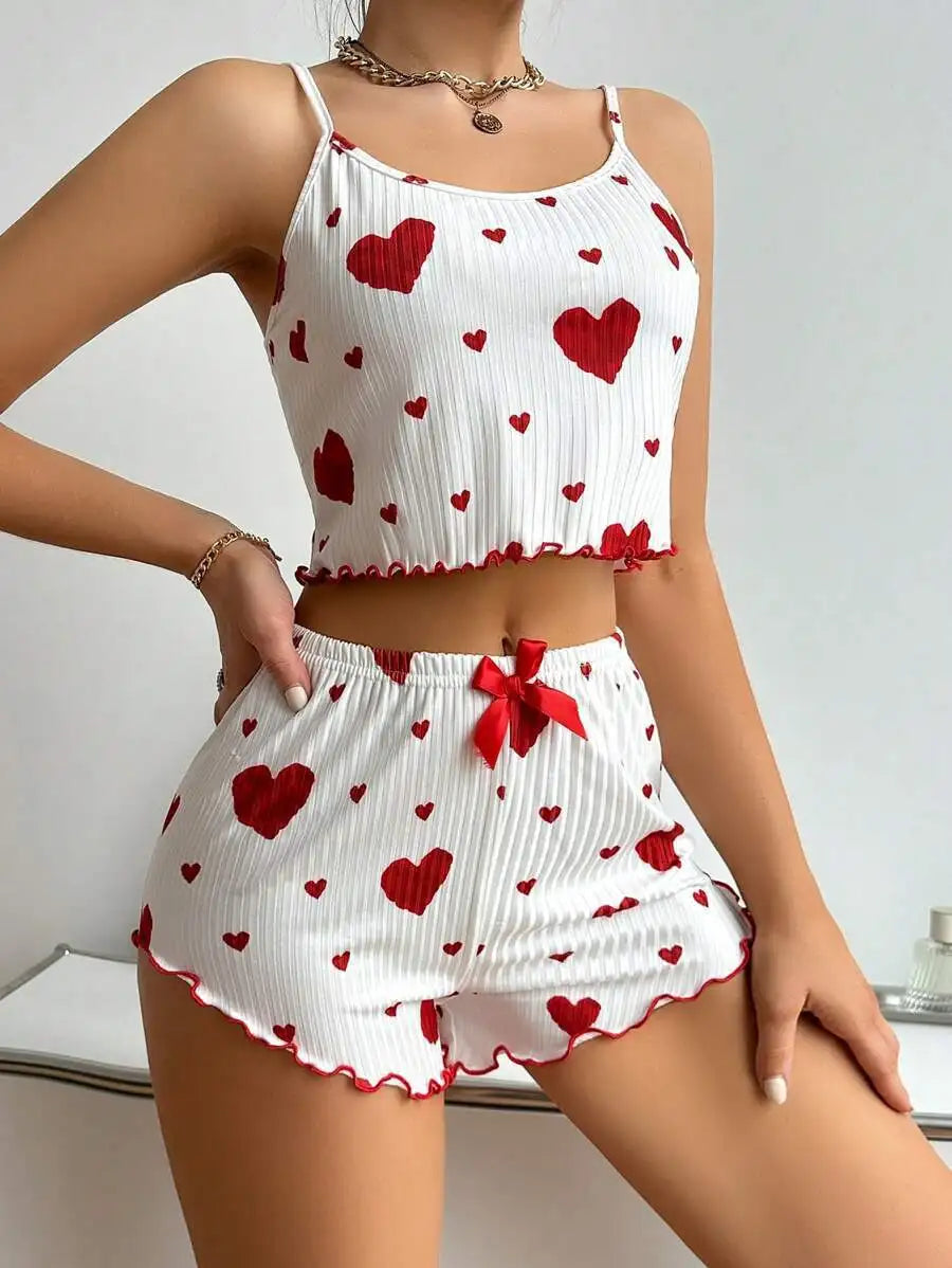 KAELAH 2PCS Heart Print Pajama Set, Sleeveless Crop Top and Shorts Comfy Sleepwear