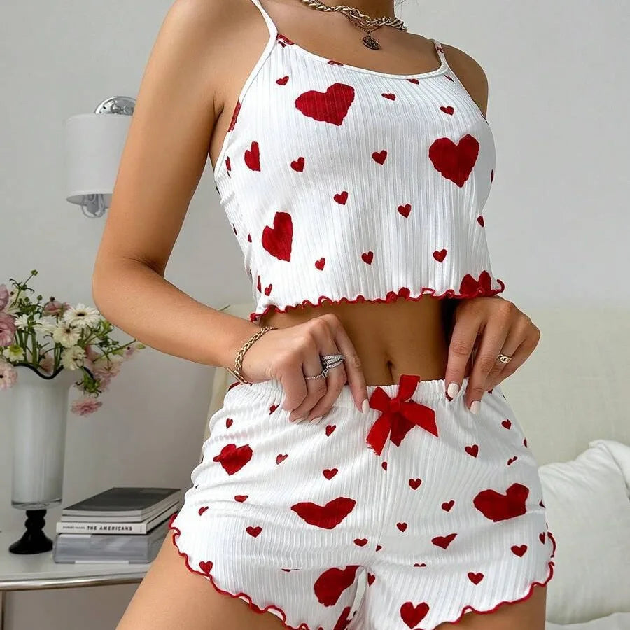 KAELAH 2PCS Heart Print Pajama Set, Sleeveless Crop Top and Shorts Comfy Sleepwear