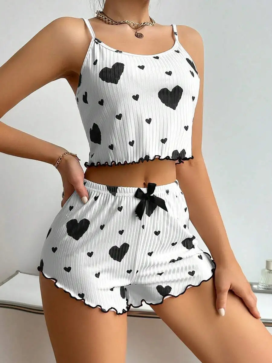 KAELAH 2PCS Heart Print Pajama Set, Sleeveless Crop Top and Shorts Comfy Sleepwear