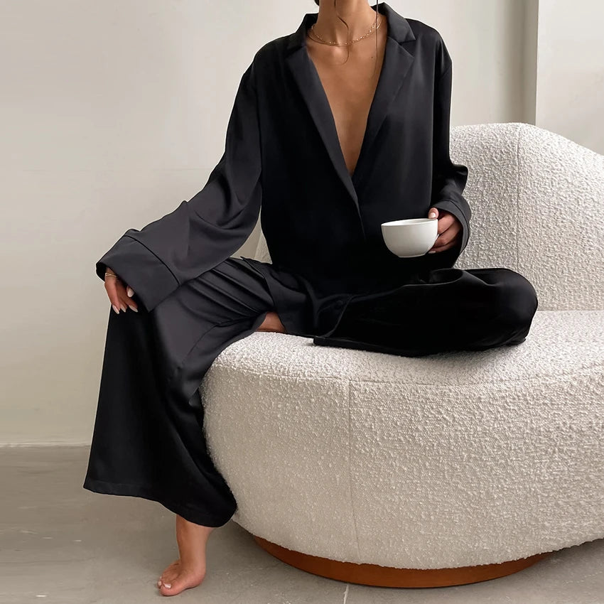 KAELAH Oversized Satin Silk Sleepwear Low Cut Sexy Pajamas For Women Single-Breasted