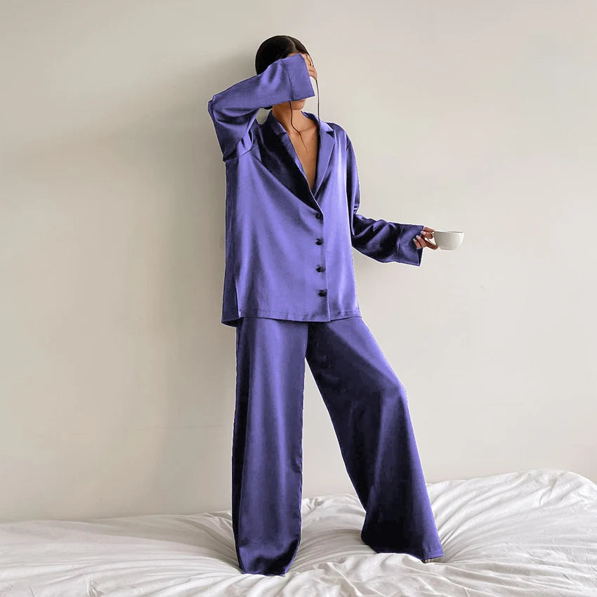 KAELAH Oversized Satin Silk Sleepwear Low Cut Sexy Pajamas For Women Single-Breasted