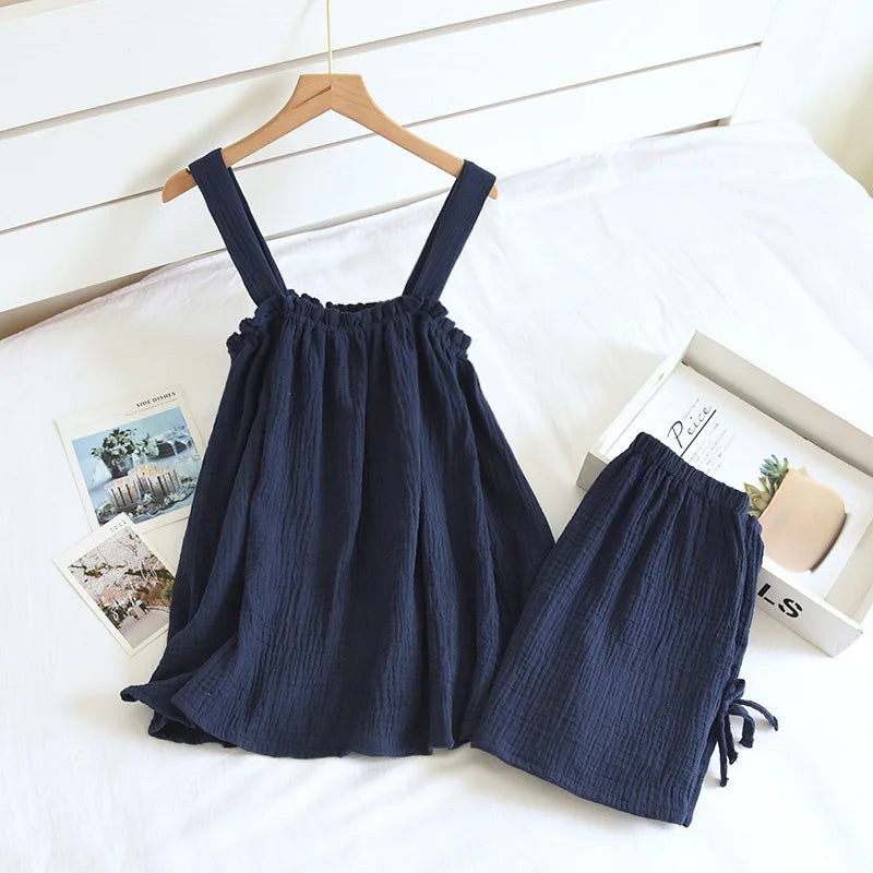 KAELAH Cotton Crepe Suspender Shorts Vest Suit Sweet And Loose Home Sexy