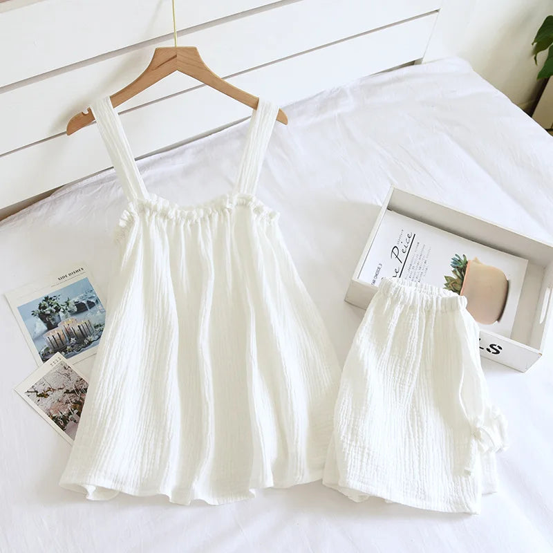 KAELAH Cotton Crepe Suspender Shorts Vest Suit Sweet And Loose Home Sexy