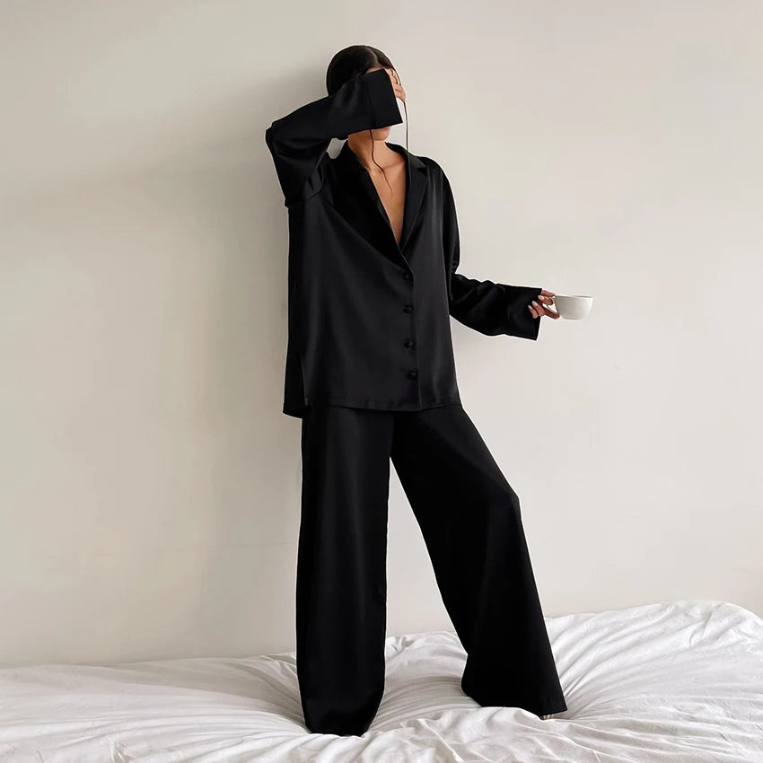 KAELAH Oversized Satin Silk Sleepwear Low Cut Sexy Pajamas For Women Single-Breasted