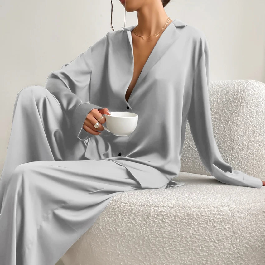 KAELAH Oversized Satin Silk Sleepwear Low Cut Sexy Pajamas For Women Single-Breasted
