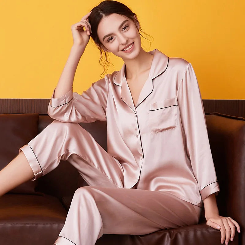 KAELAH Mulberry Silk Pajama Long-sleeved Two-piece Couple Home