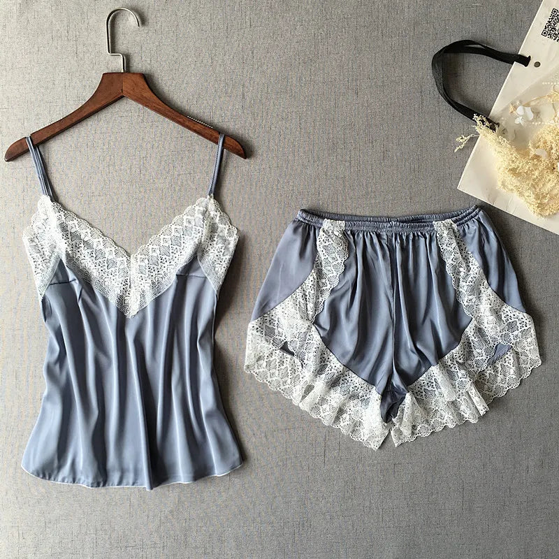 KAELAH Lisacmvpnel Sexy Patchwork Lace Women Shorts Pajama Set