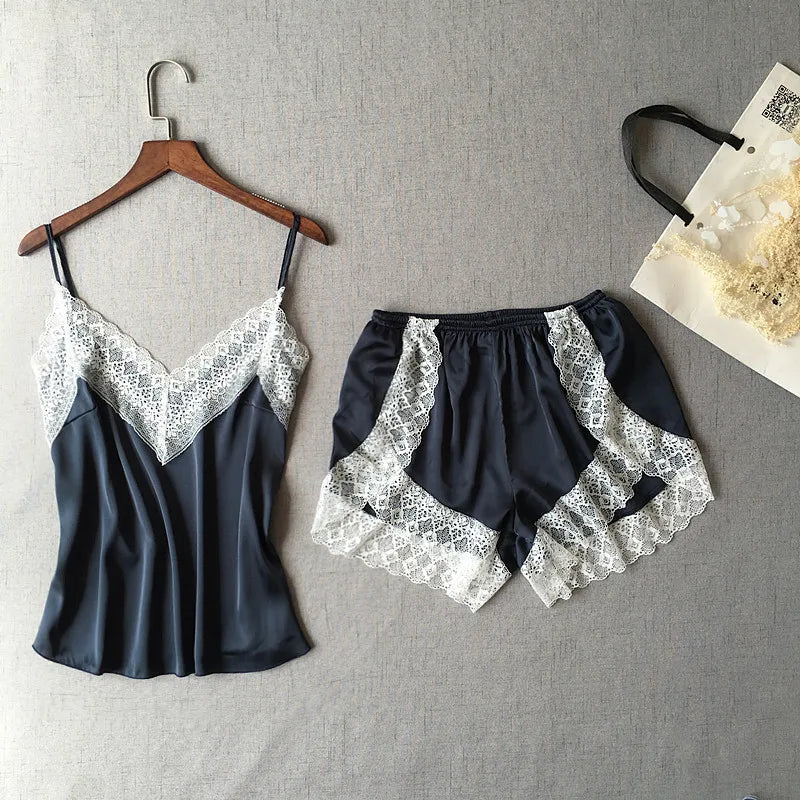 KAELAH Lisacmvpnel Sexy Patchwork Lace Women Shorts Pajama Set
