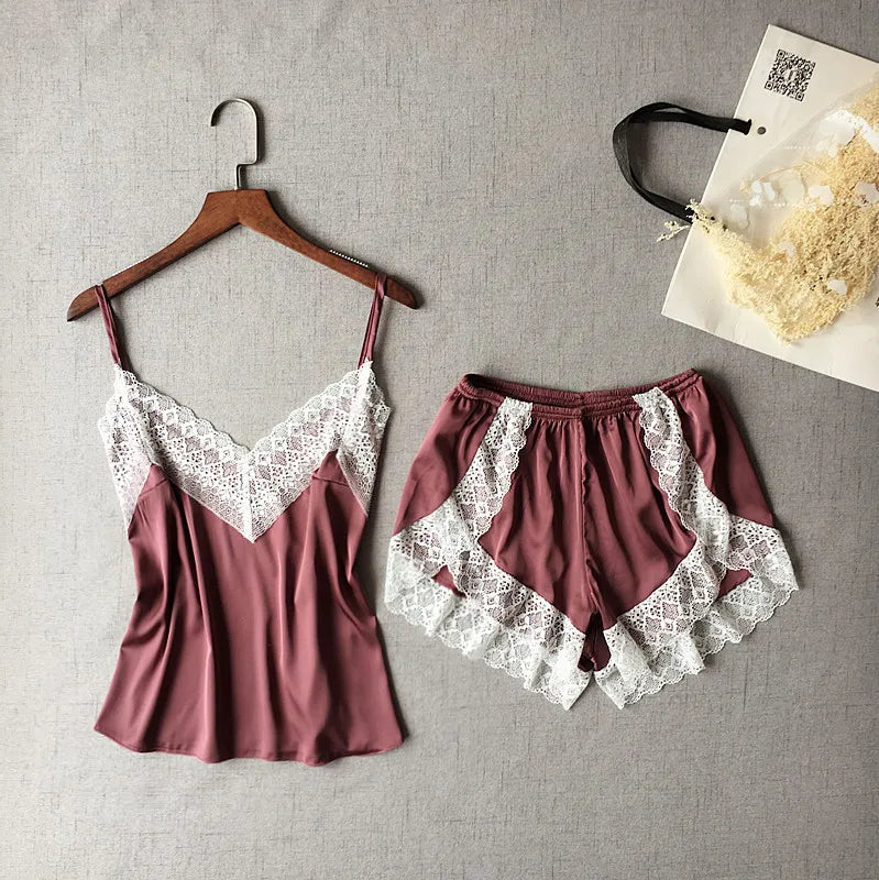 KAELAH Lisacmvpnel Sexy Patchwork Lace Women Shorts Pajama Set