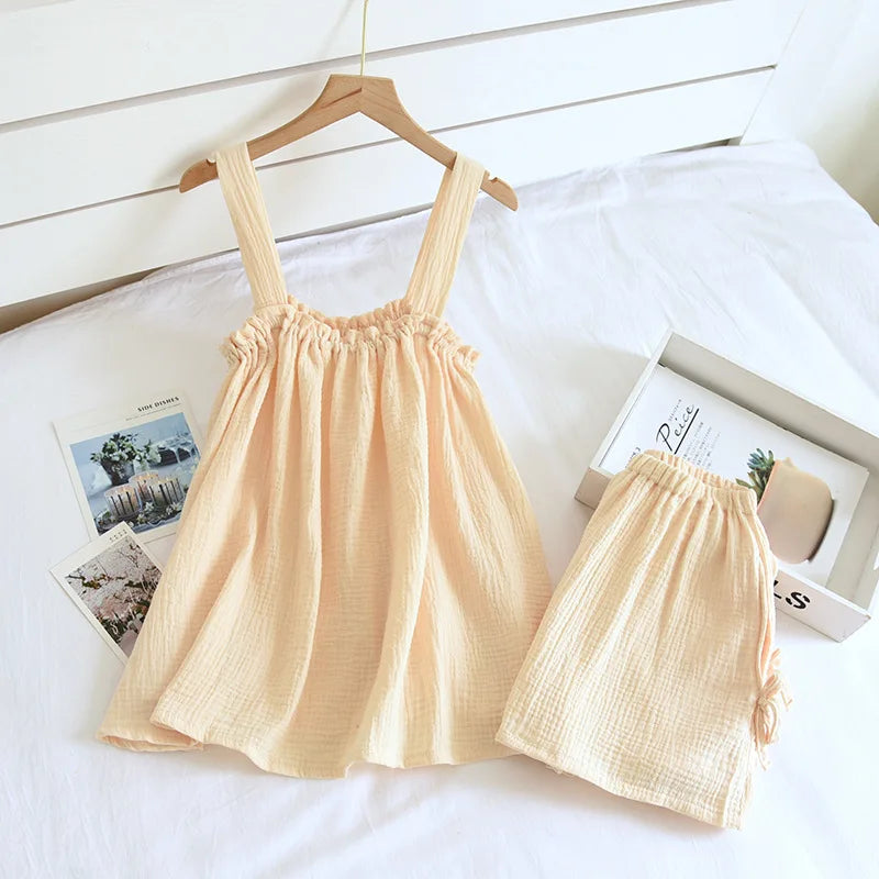KAELAH Cotton Crepe Suspender Shorts Vest Suit Sweet And Loose Home Sexy