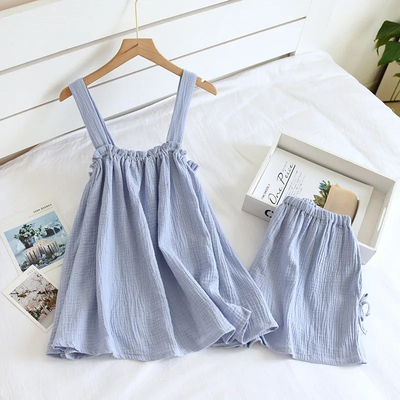 KAELAH Cotton Crepe Suspender Shorts Vest Suit Sweet And Loose Home Sexy