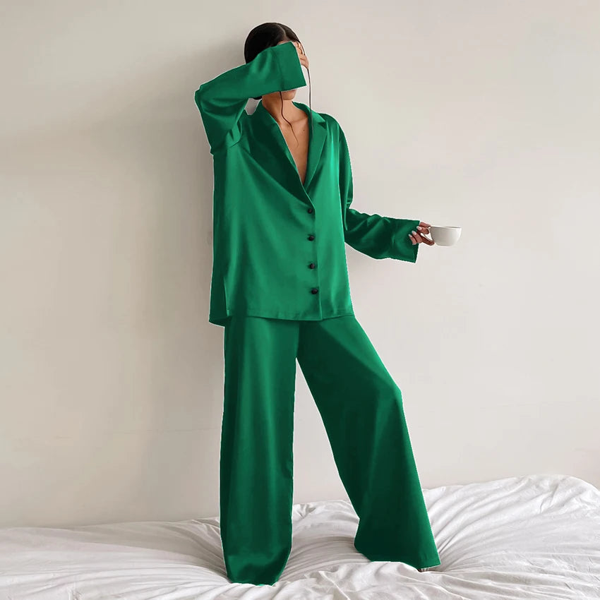 KAELAH Oversized Satin Silk Sleepwear Low Cut Sexy Pajamas For Women Single-Breasted