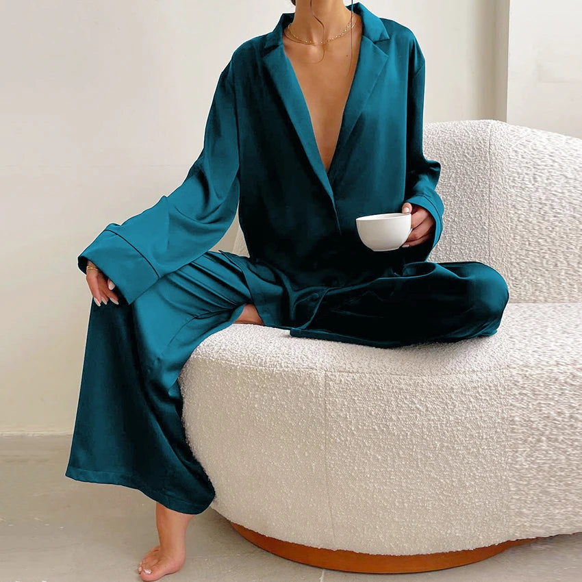 KAELAH Oversized Satin Silk Sleepwear Low Cut Sexy Pajamas For Women Single-Breasted