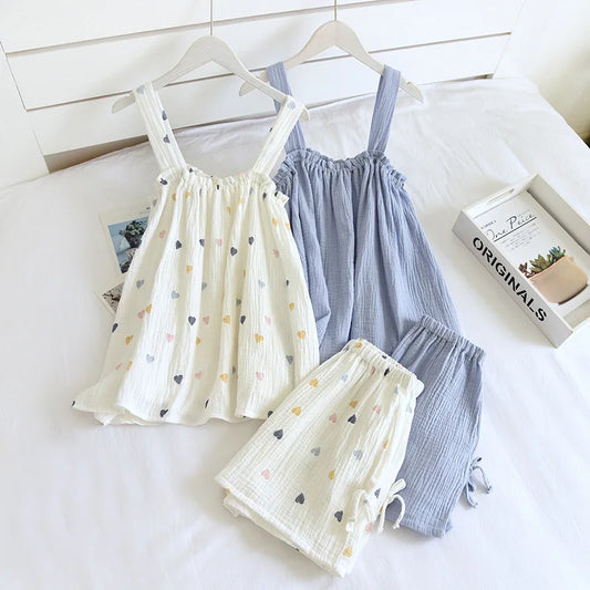 KAELAH Cotton Crepe Suspender Shorts Vest Suit Sweet And Loose Home Sexy