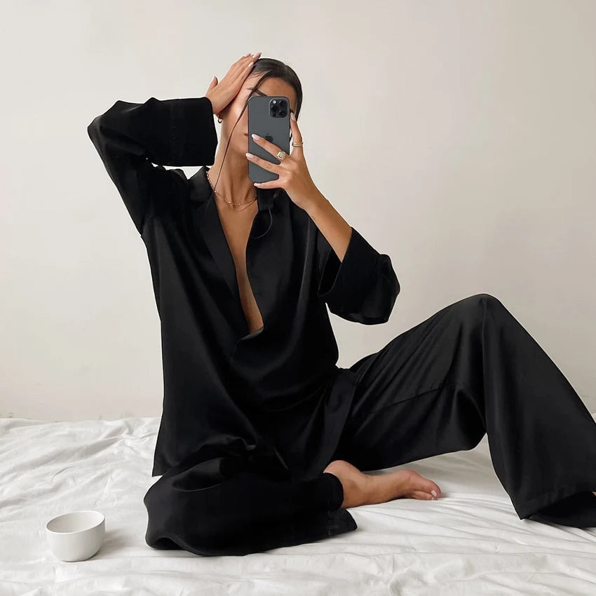 KAELAH Oversized Satin Silk Sleepwear Low Cut Sexy Pajamas For Women Single-Breasted