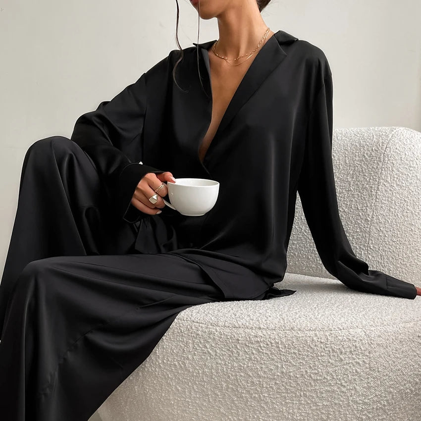 KAELAH Oversized Satin Silk Sleepwear Low Cut Sexy Pajamas For Women Single-Breasted