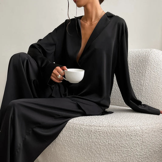 KAELAH Oversized Satin Silk Sleepwear Low Cut Sexy Pajamas For Women Single-Breasted